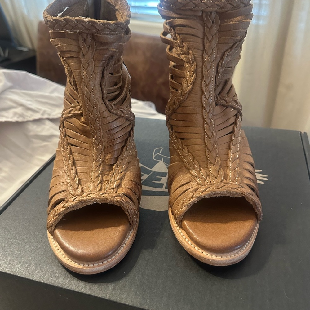 Freebird Braided Brown Peep-Toe Ankle Boots